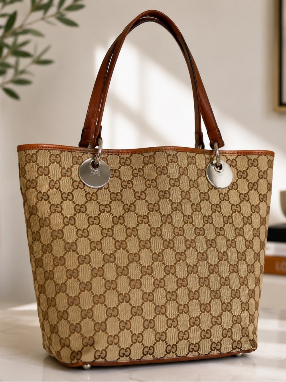 Gucci Beige and Brown GG Canvas Eclipse Tote with Tan Leather Handles